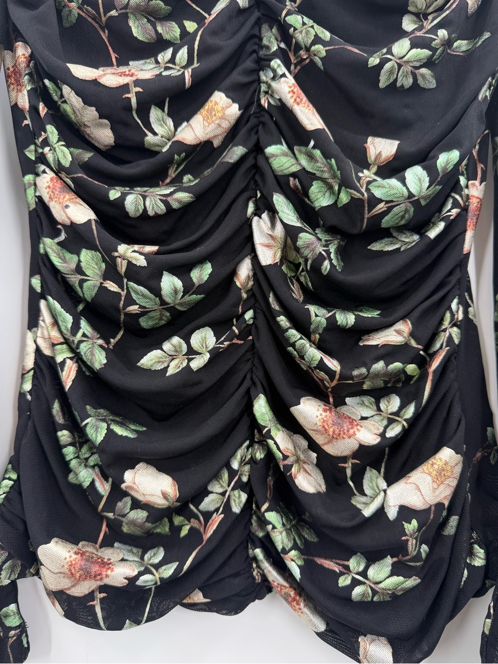 Black Floral Ruched Mesh Top Keyhole Puff Sleeve Romantic Cottagecore Feminine - Picture 15 of 15